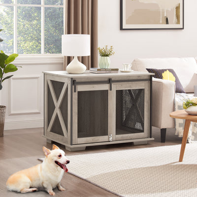 Farmhouse Dog Cage Crate Furniture with Sliding Barn Door, Farmhouse Wooden Dog Kennel End Table with Flip-top Plate Dog House