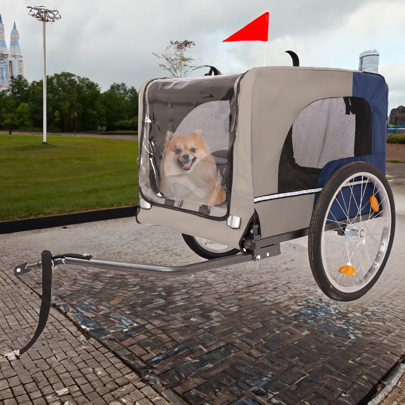 Tangkula Dog Bike Trailer Breathable Mesh Dog Cart with 3 Entrances Safety Flag 8 Reflectors