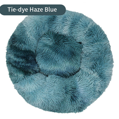 Dog Kennel Cat Kennel Long Tie-Dye Plush Round Pet Kennel Dog Bed Winter Dog Mat Pet Tie-Dye Mattress Pet Supplies