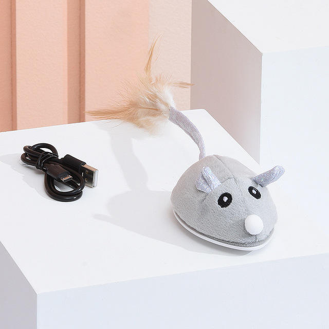 Electric Mouse Pet Cat Toy USB Rechargeable Flocking Mouse Cat Feather Cat Stick