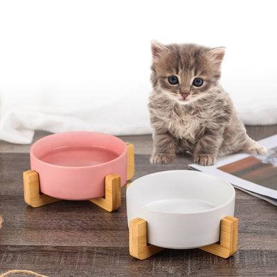 New Cute Pet Cat Bowl Cat Bowl Ceramic Bowl Drinking Feeding Non-Slip With a Wooden Frame To Prevent Knocking Over