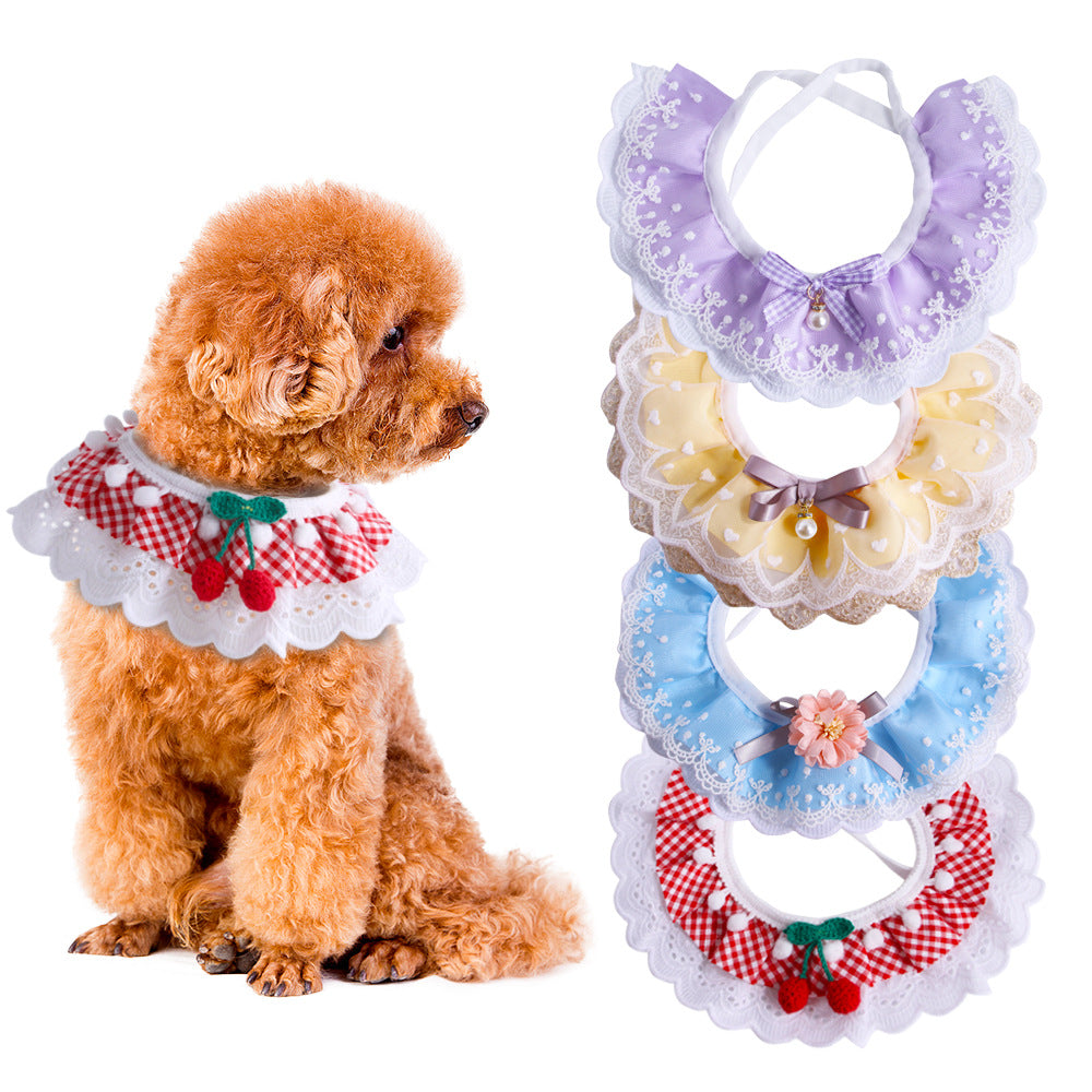 Fairy Style Pet Lace Scarf Saliva Towel Plaid Flower Cat Collar Dog Necklace