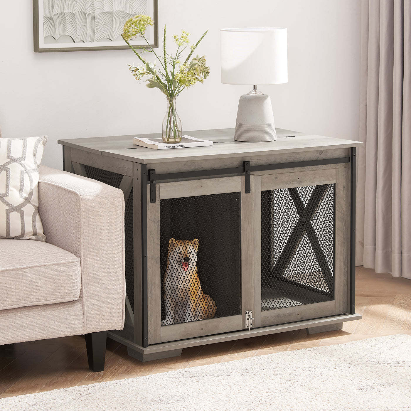 Farmhouse Dog Cage Crate Furniture with Sliding Barn Door, Farmhouse Wooden Dog Kennel End Table with Flip-top Plate Dog House