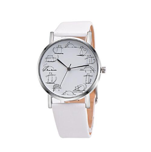 Lovely Cartoon Cat Leather Quartz Women Watch