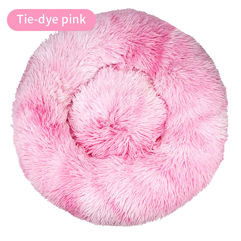 Dog Kennel Cat Kennel Long Tie-Dye Plush Round Pet Kennel Dog Bed Winter Dog Mat Pet Tie-Dye Mattress Pet Supplies