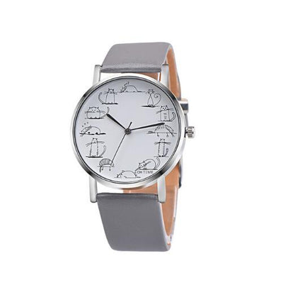 Lovely Cartoon Cat Leather Quartz Women Watch