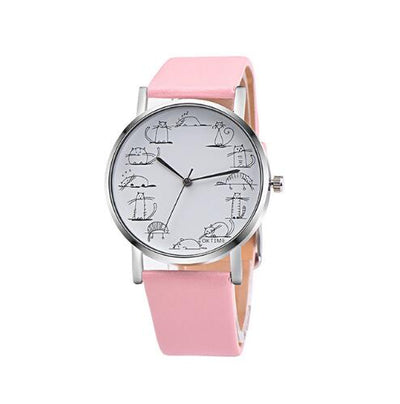 Lovely Cartoon Cat Leather Quartz Women Watch