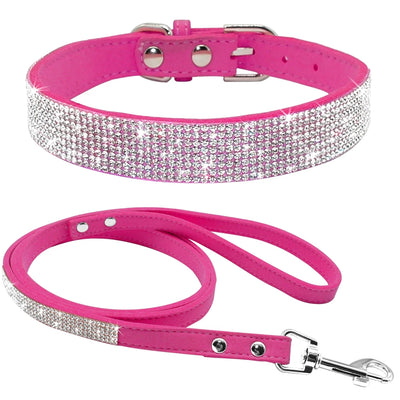 Adjustable Suede Leather Puppy Dog Collar Leash Set Soft Rhinestone