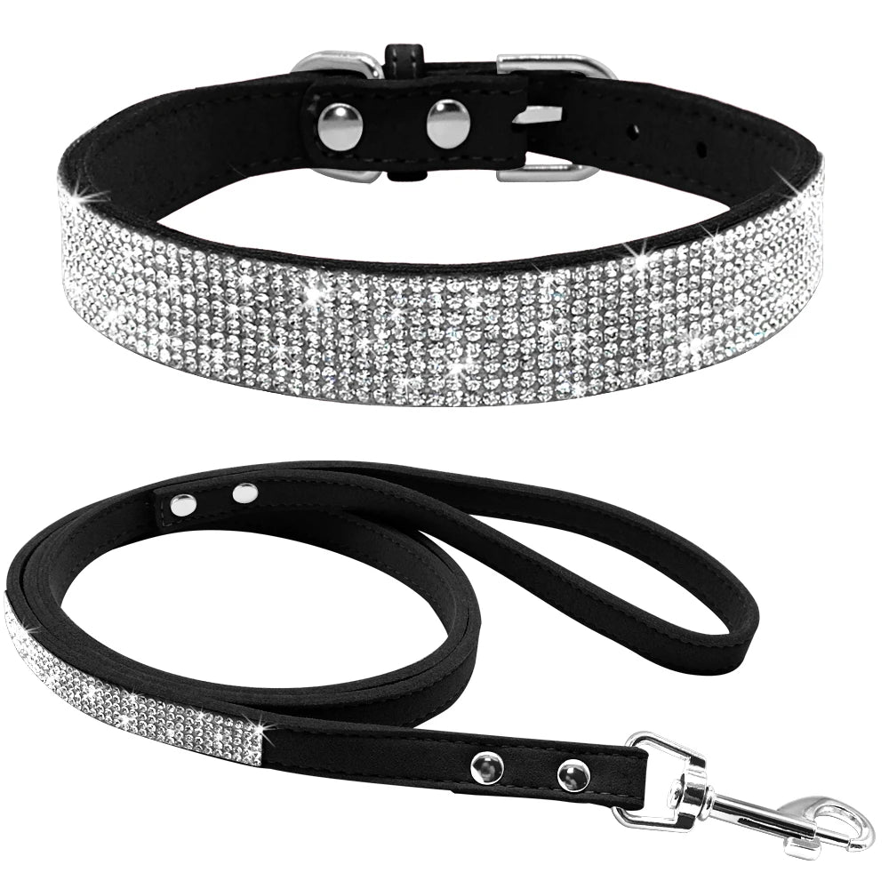 Adjustable Suede Leather Puppy Dog Collar Leash Set Soft Rhinestone