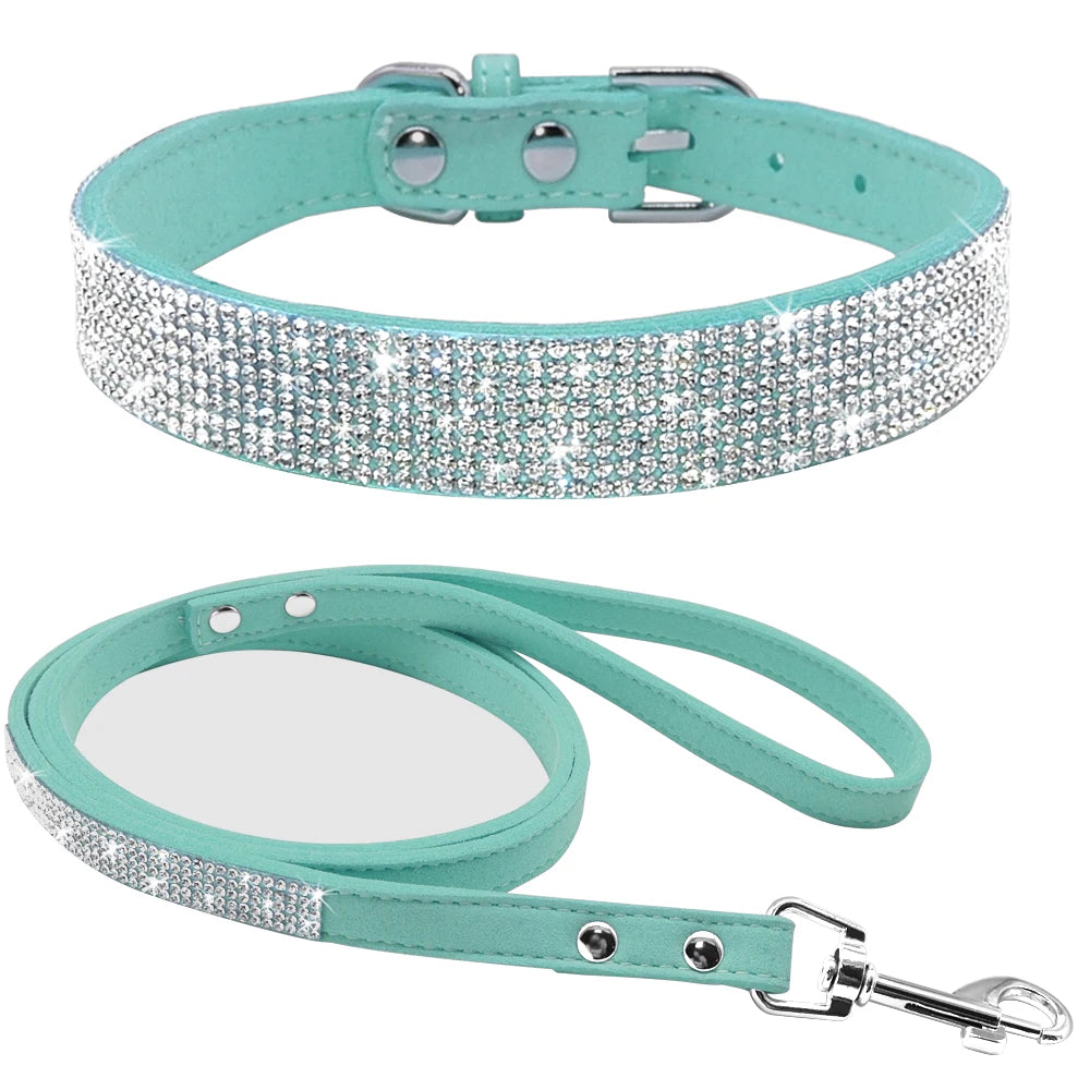 Adjustable Suede Leather Puppy Dog Collar Leash Set Soft Rhinestone