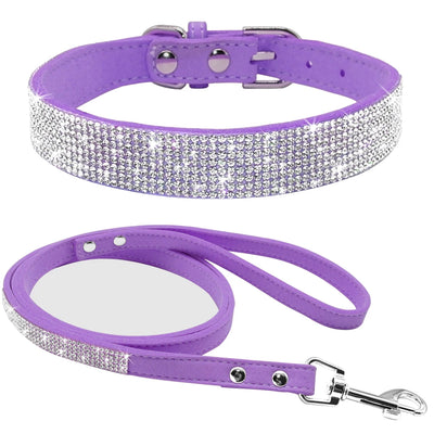 Adjustable Suede Leather Puppy Dog Collar Leash Set Soft Rhinestone